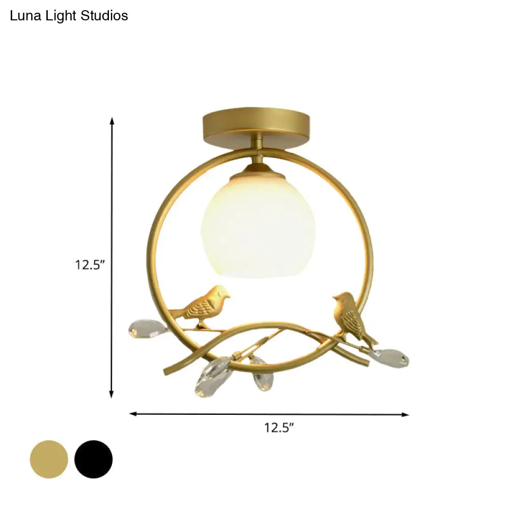 Modernist Metal Ring Semi-Flush Mount Black/Gold Flush Lighting With Bird And Crystal Deco