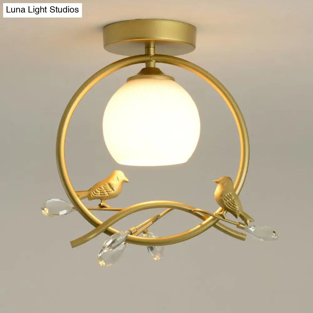 Modernist Metal Ring Semi-Flush Mount Black/Gold Flush Lighting With Bird And Crystal Deco Gold