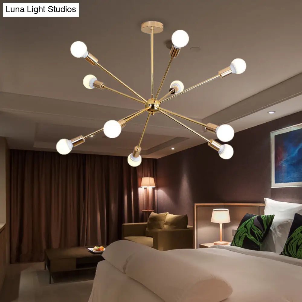 Modern Metal Starburst Chandelier Light - 6/10/12 Lights 26/38.5 Wide Gold Finish Bare Bulb Hanging