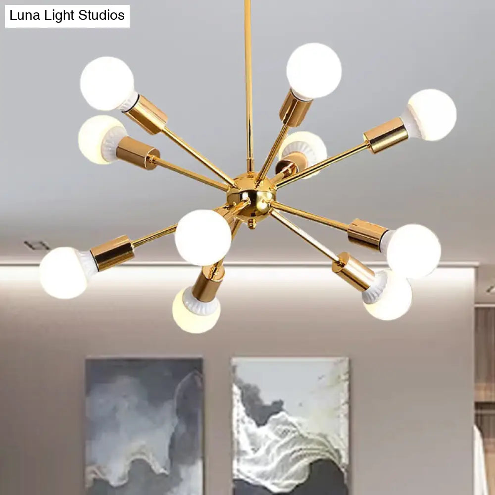 Modern Metal Starburst Chandelier Light - 6/10/12 Lights 26/38.5 Wide Gold Finish Bare Bulb Hanging