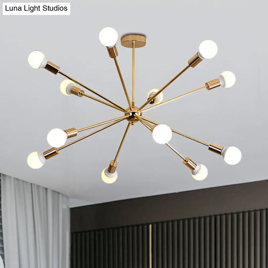 Modern Metal Starburst Chandelier Light - 6/10/12 Lights 26/38.5 Wide Gold Finish Bare Bulb Hanging