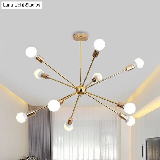 Modern Metal Starburst Chandelier Light - 6/10/12 Lights 26/38.5 Wide Gold Finish Bare Bulb Hanging