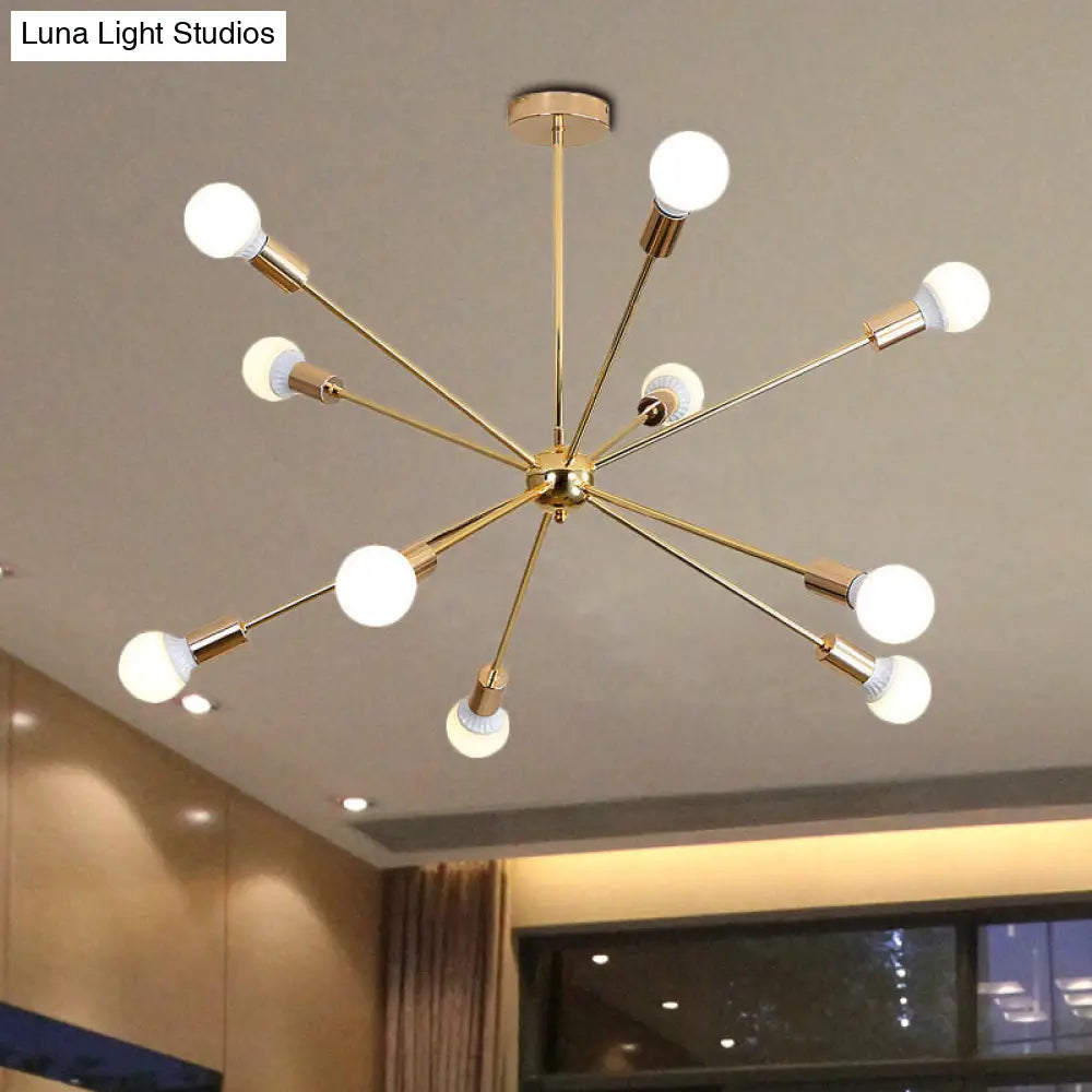 Modern Metal Starburst Chandelier Light - 6/10/12 Lights 26/38.5 Wide Gold Finish Bare Bulb Hanging