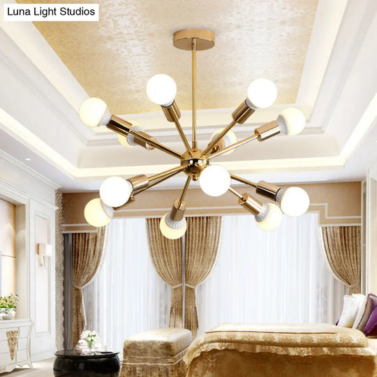 Modern Metal Starburst Chandelier Light - 6/10/12 Lights 26/38.5 Wide Gold Finish Bare Bulb Hanging