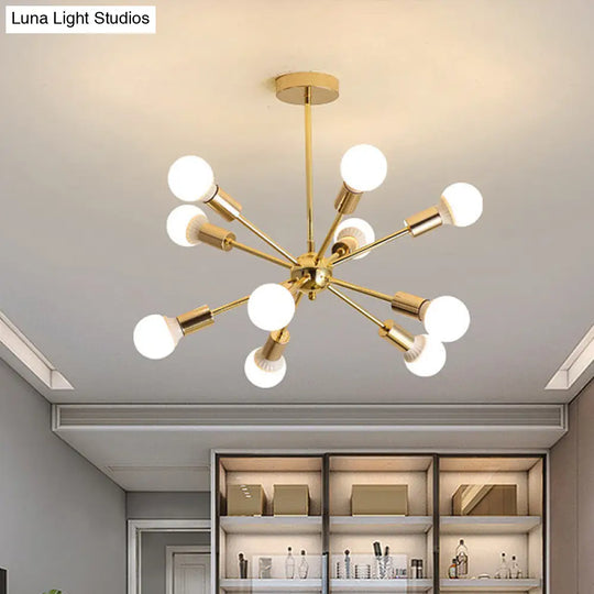 Modern Metal Starburst Chandelier Light - 6/10/12 Lights 26/38.5 Wide Gold Finish Bare Bulb Hanging