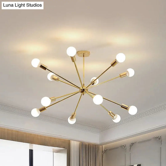 Modern Metal Starburst Chandelier Light - 6/10/12 Lights 26/38.5 Wide Gold Finish Bare Bulb Hanging