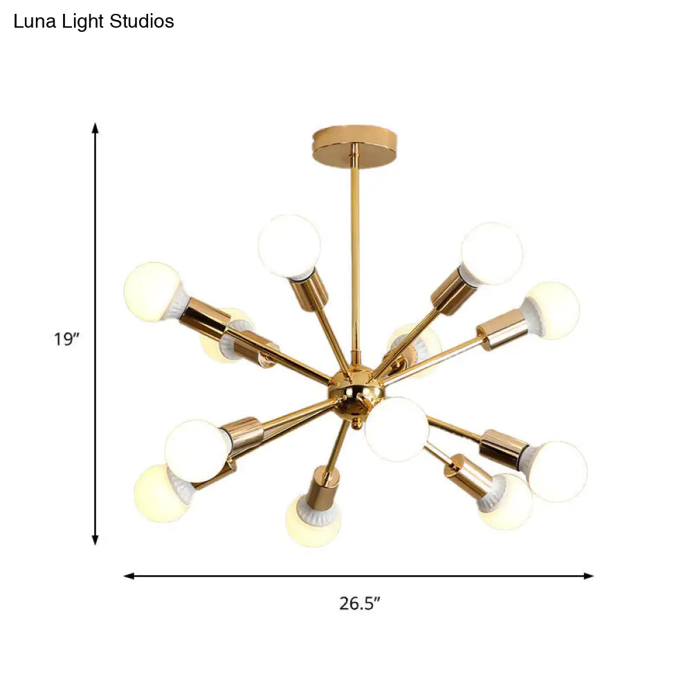 Modern Metal Starburst Chandelier Light - 6/10/12 Lights 26/38.5 Wide Gold Finish Bare Bulb Hanging