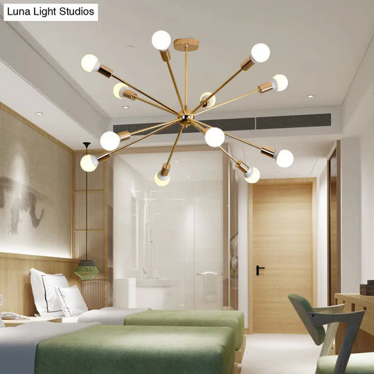 Modern Metal Starburst Chandelier Light - 6/10/12 Lights 26/38.5 Wide Gold Finish Bare Bulb Hanging