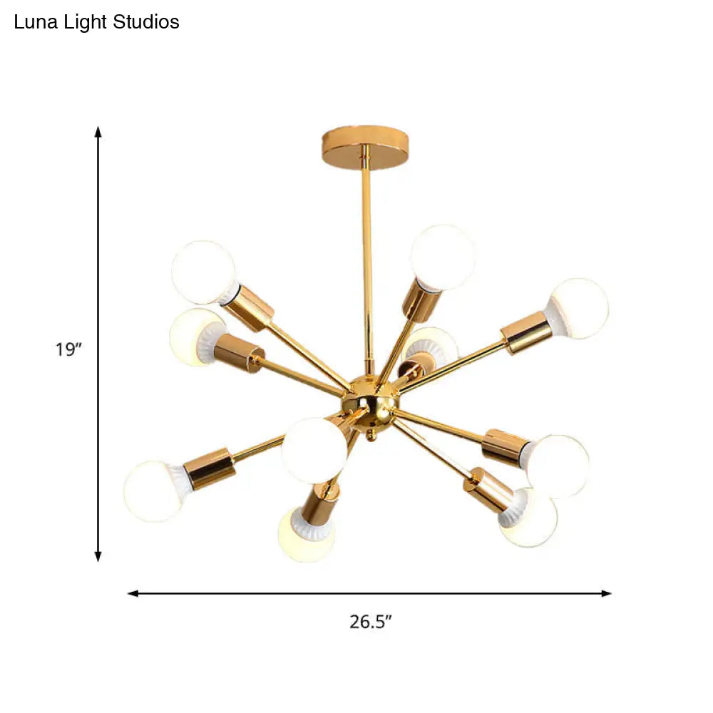 Modern Metal Starburst Chandelier Light - 6/10/12 Lights 26/38.5 Wide Gold Finish Bare Bulb Hanging