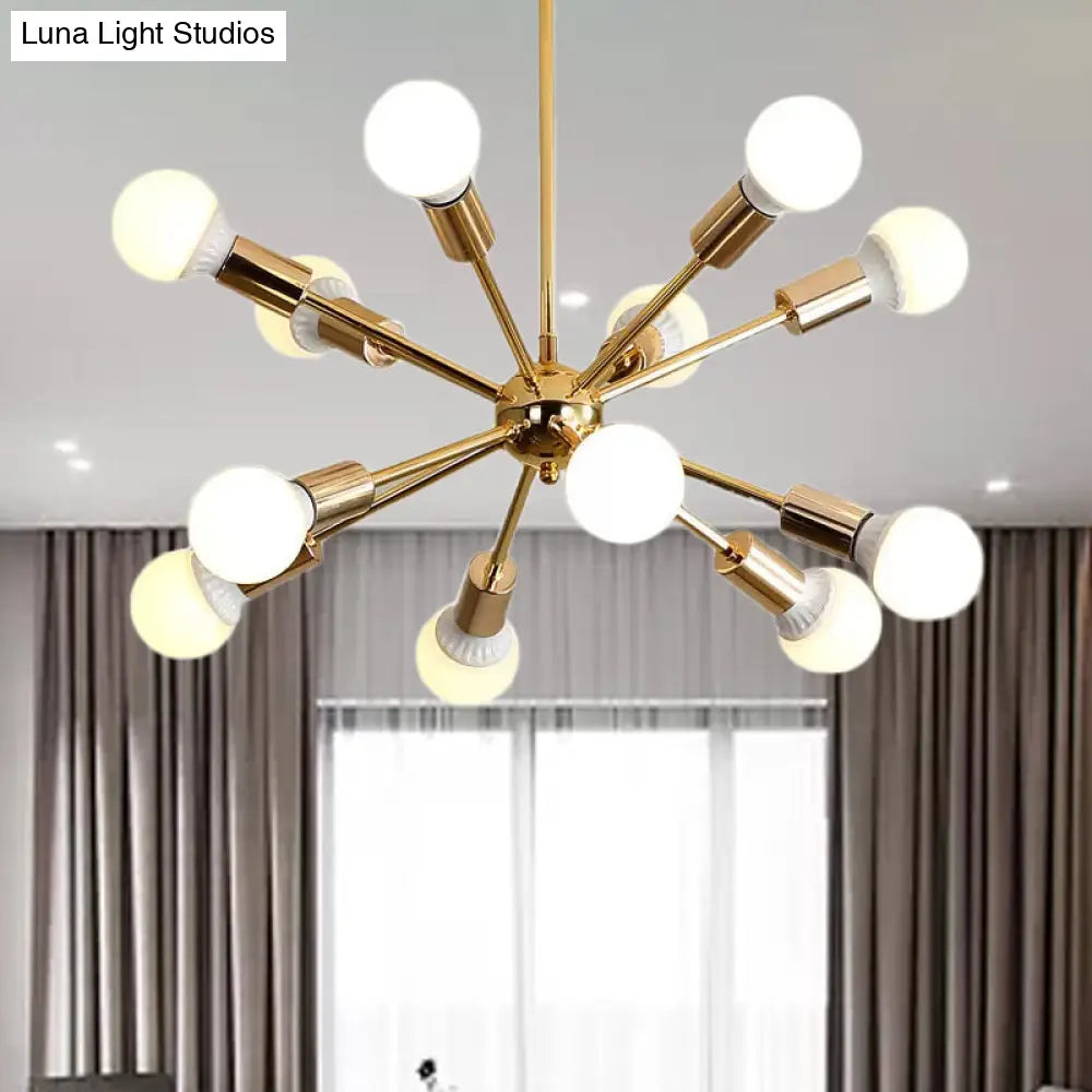 Modern Metal Starburst Chandelier Light - 6/10/12 Lights 26/38.5 Wide Gold Finish Bare Bulb Hanging