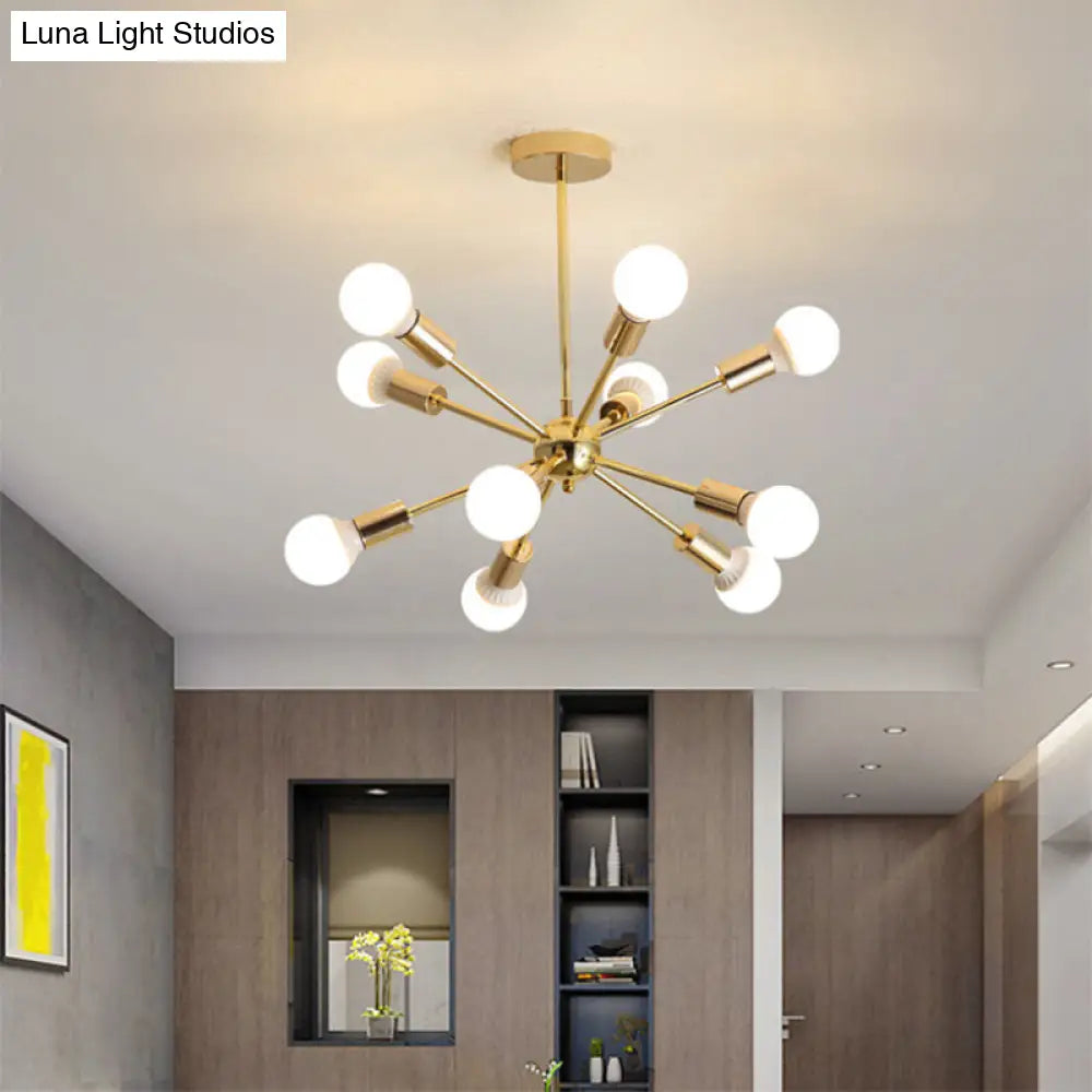 Modern Metal Starburst Chandelier Light - 6/10/12 Lights 26/38.5 Wide Gold Finish Bare Bulb Hanging