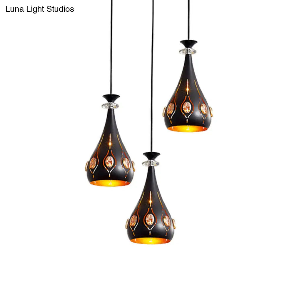 Black Modernist Pendant Light With Metallic Cluster Design - 3 Heads Globe Oval And Waterdrop Shape