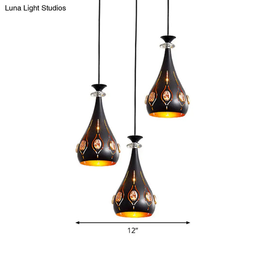 Black Modernist Pendant Light With Metallic Cluster Design - 3 Heads Globe Oval And Waterdrop Shape