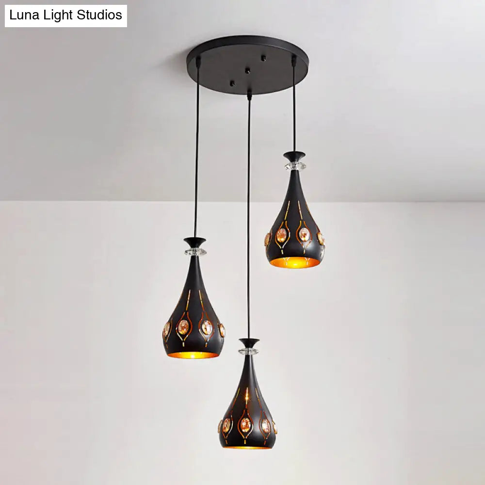 Black Modernist Pendant Light With Metallic Cluster Design - 3 Heads Globe Oval And Waterdrop Shape