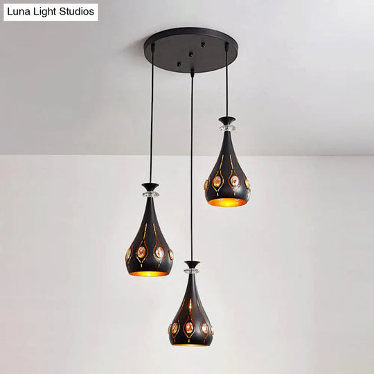 Black Modernist Pendant Light With Metallic Cluster Design - 3 Heads Globe Oval And Waterdrop Shape