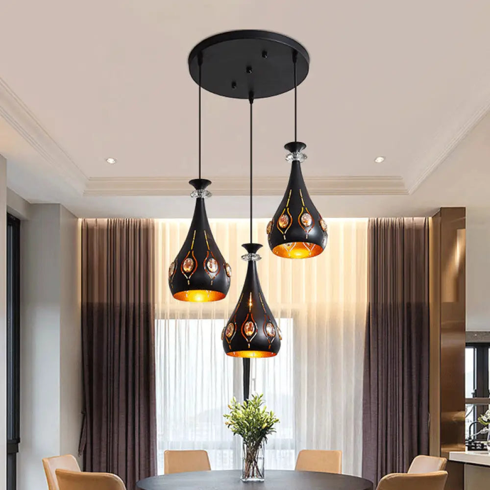 Modernist Metallic 3-Head Black Pendant Light For Dining Room - Globe/Oval/Waterdrop Cluster Design