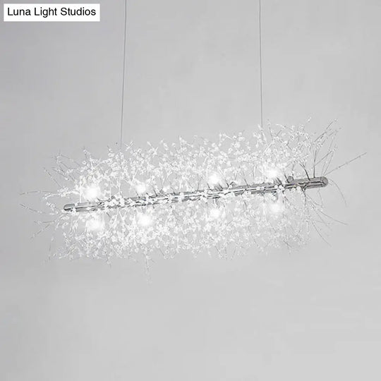 Modernist Metallic Branch Island Pendant Light | Silver Hanging Lamp With Crystal Bead Deco