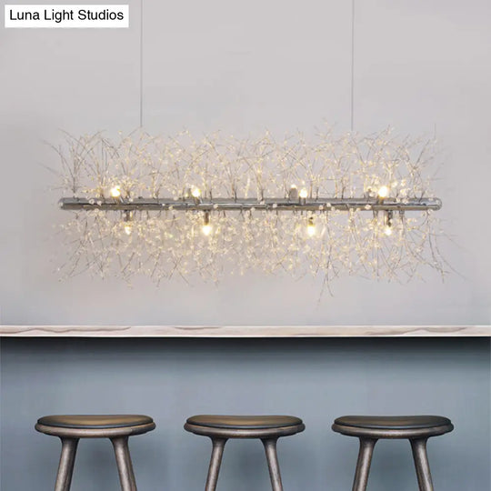 Modernist Metallic Branch Island Pendant Light | Silver Hanging Lamp With Crystal Bead Deco