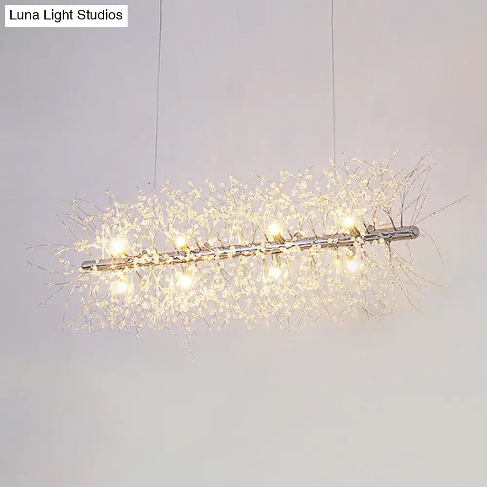 Modernist Metallic Branch Island Pendant Light | Silver Hanging Lamp With Crystal Bead Deco