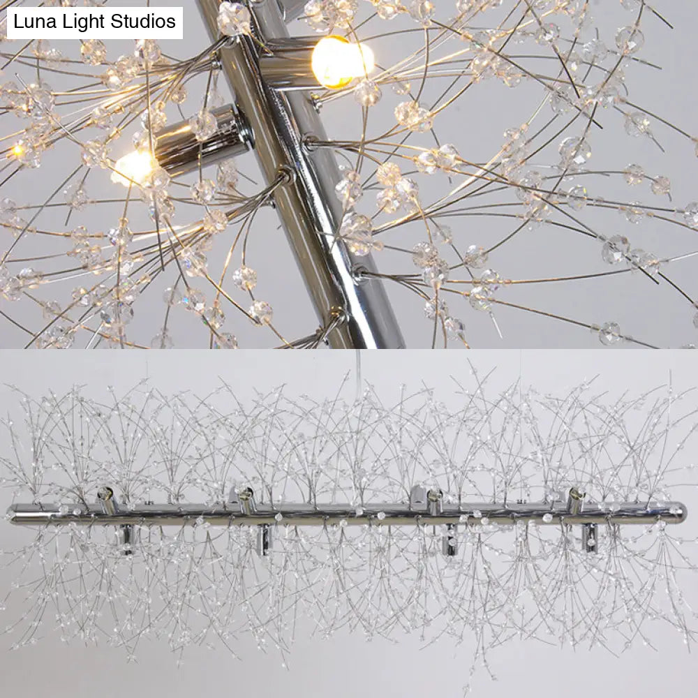 Modernist Metallic Branch Island Pendant Light | Silver Hanging Lamp With Crystal Bead Deco