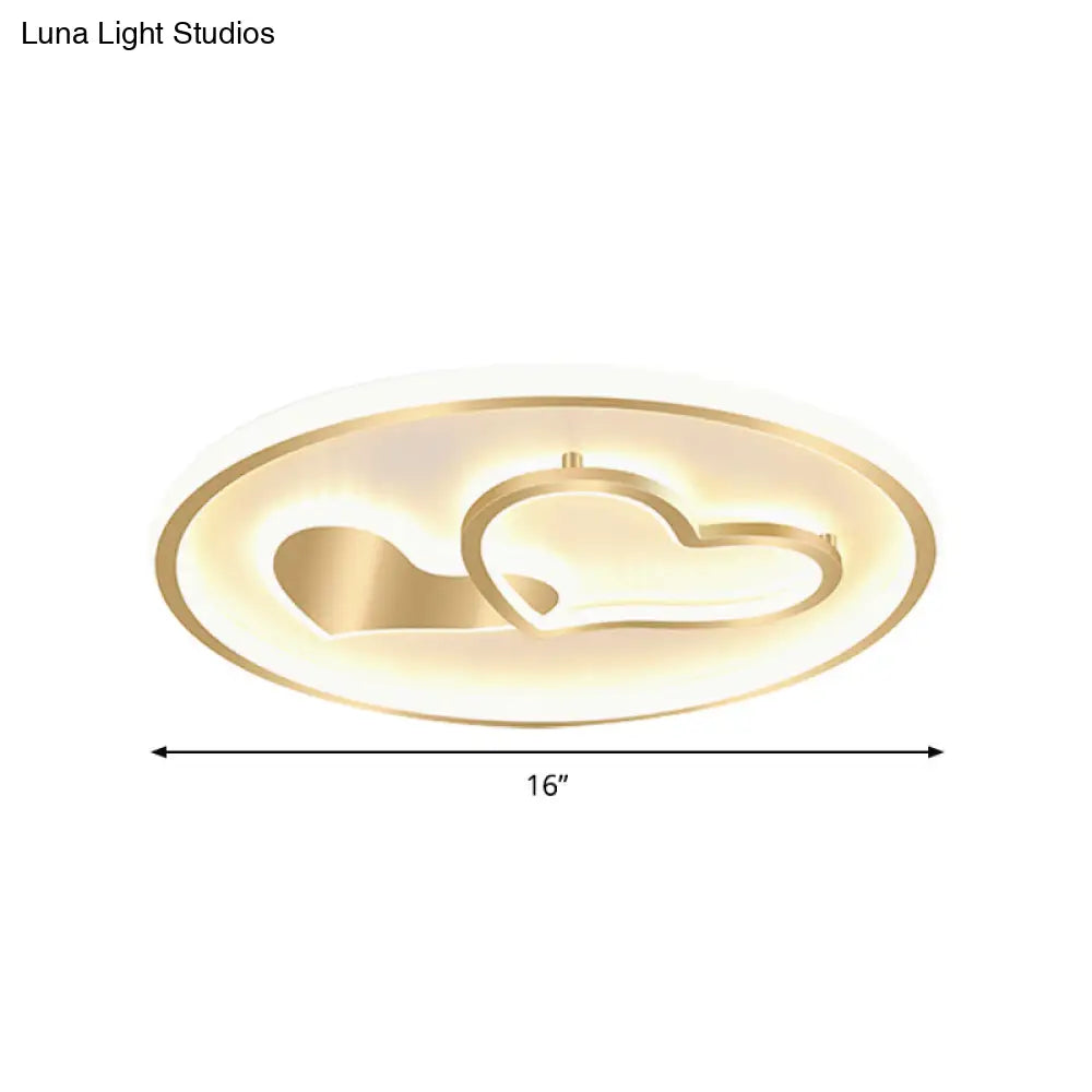 Modernist Metallic Flush Mount Light In Gold - Loving Heart Design Led Ceiling Fixture For Sleeping