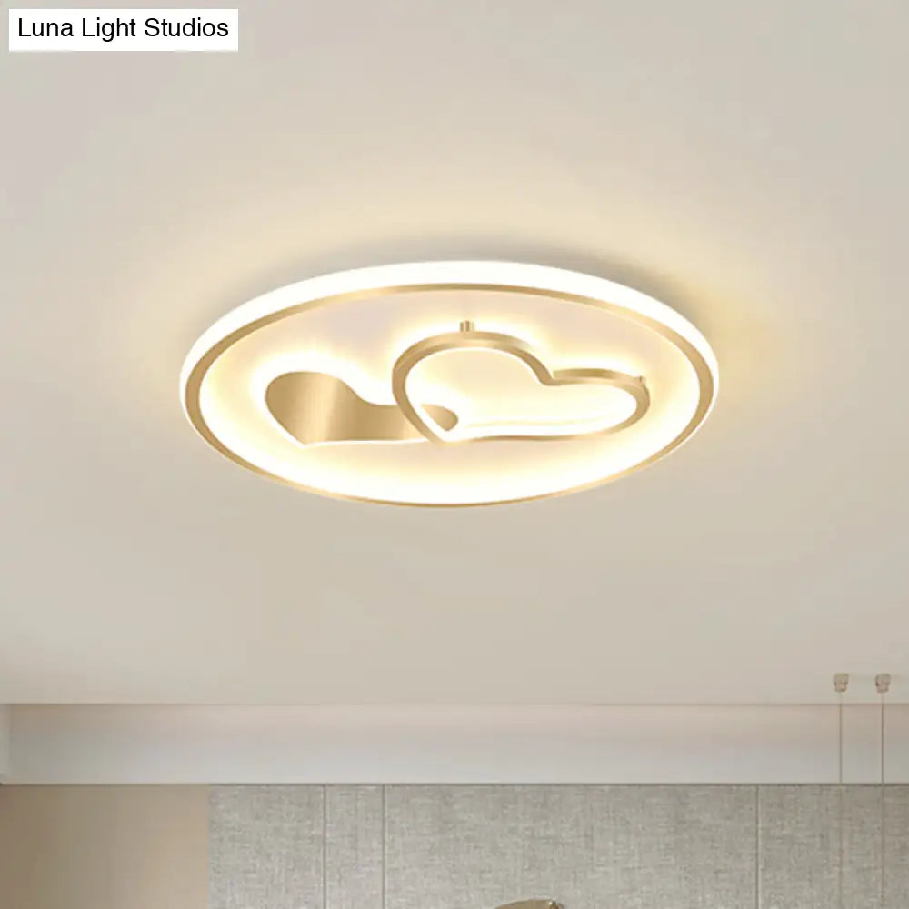 Modernist Metallic Flush Mount Light In Gold - Loving Heart Design Led Ceiling Fixture For Sleeping