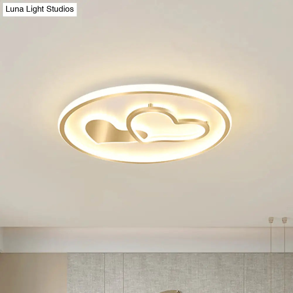 Modernist Metallic Flush Mount Light In Gold - Loving Heart Design Led Ceiling Fixture For Sleeping