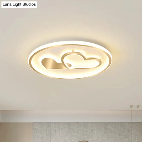 Modernist Metallic Flush Mount Light In Gold - Loving Heart Design Led Ceiling Fixture For Sleeping