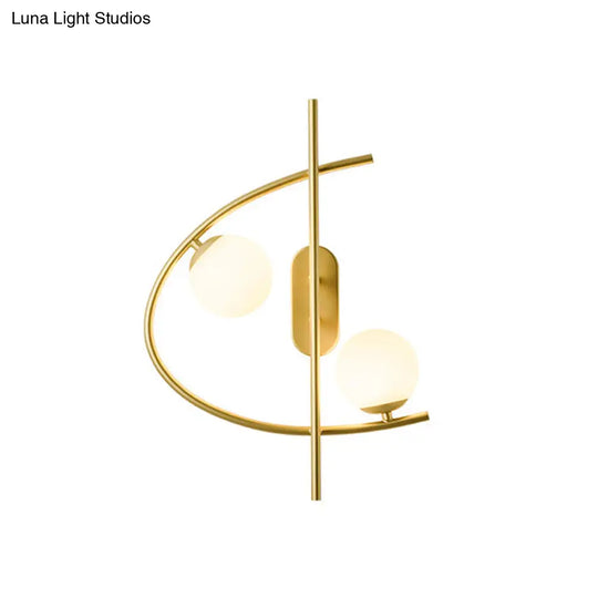Modernist Milk Glass Ball 2-Bulb Led Wall Sconce For Living Room - Brass Finish