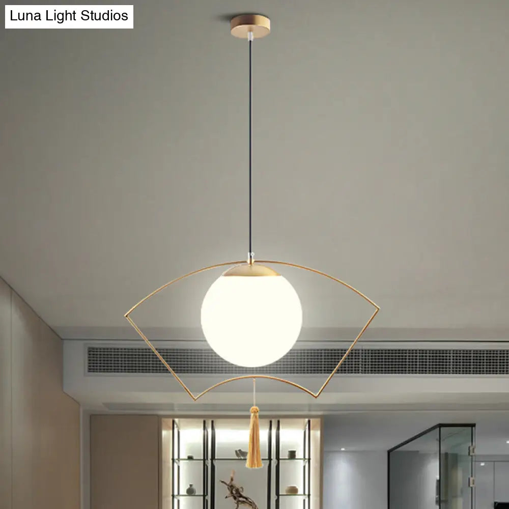 Modernist Milk Glass Globe Pendant Light With Gold Metal Frame - Bedroom Ceiling Hanging Fixture