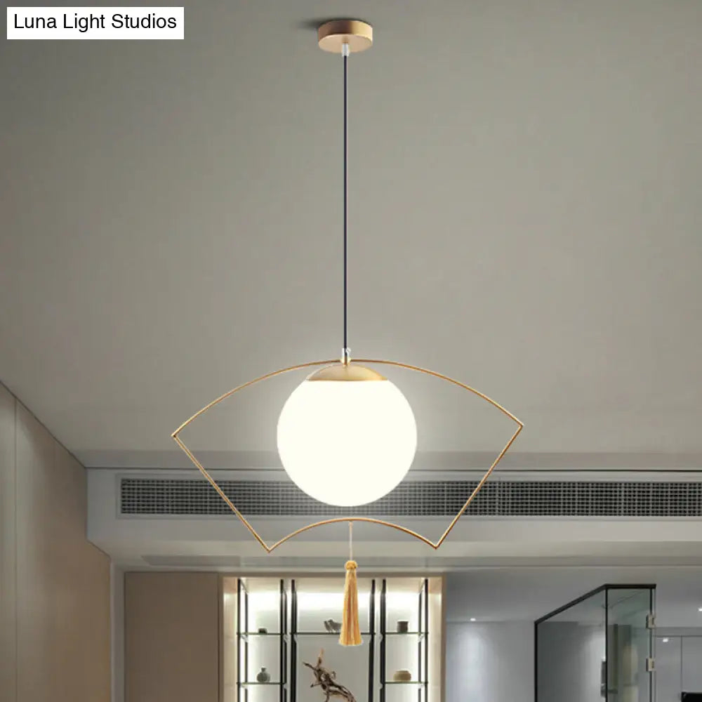 Modern Milk Glass Pendant Light With Gold Metal Frame For Bedroom Ceiling