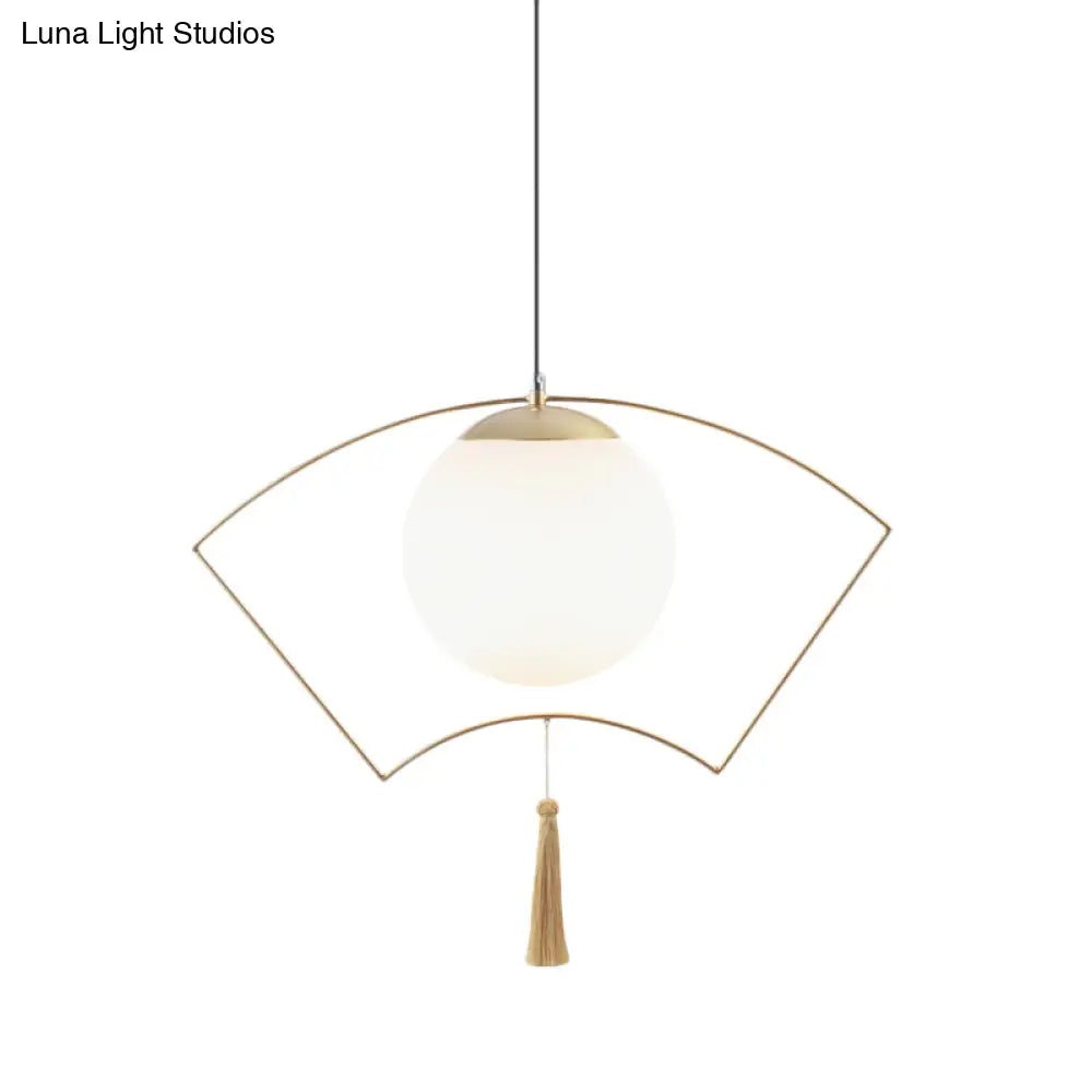 Modernist Milk Glass Globe Pendant Light With Gold Metal Frame - Bedroom Ceiling Hanging Fixture