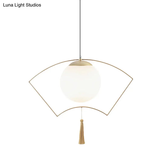 Modernist Milk Glass Globe Pendant Light With Gold Metal Frame - Bedroom Ceiling Hanging Fixture