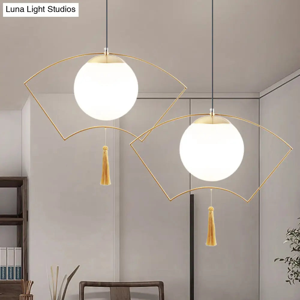 Modern Milk Glass Pendant Light With Gold Metal Frame For Bedroom Ceiling