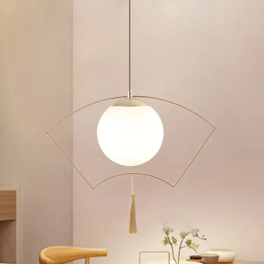 Modernist Milk Glass Globe Pendant Light With Gold Metal Frame - Bedroom Ceiling Hanging Fixture