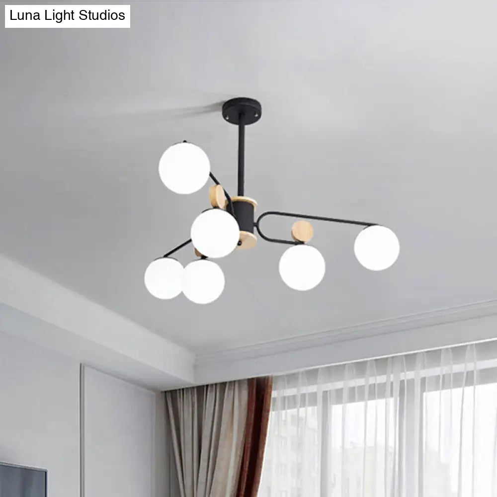 Modernist Milk Glass Round Pendant Chandelier In Black - Ceiling Light With 6/8 Hanging Heads