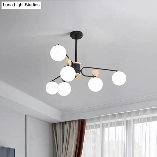 Modernist Milk Glass Round Pendant Chandelier In Black - Ceiling Light With 6/8 Hanging Heads