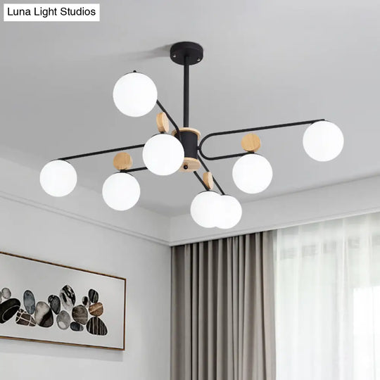 Modernist Milk Glass Round Pendant Chandelier In Black - Ceiling Light With 6/8 Hanging Heads