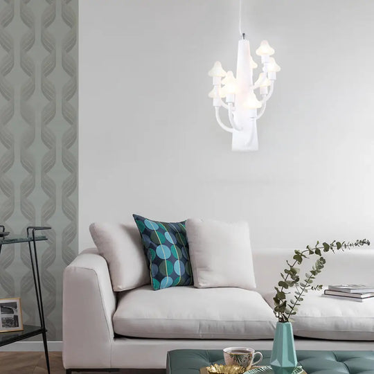 Modernist Multi-Light Chandelier With Mushroom Led Pendant And White Glass Shade