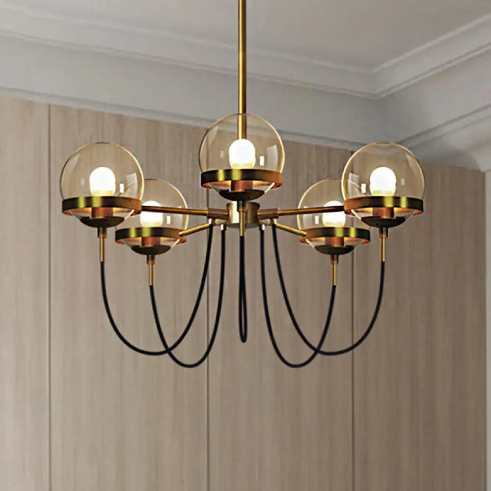 Modernist Multi-Light Pendant Chandelier: Global Clear Glass Black/Gold Inner Smoke Ball Shade Gold