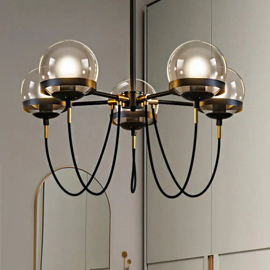 Modernist Multi-Light Pendant Chandelier: Global Clear Glass Black/Gold Inner Smoke Ball Shade Black