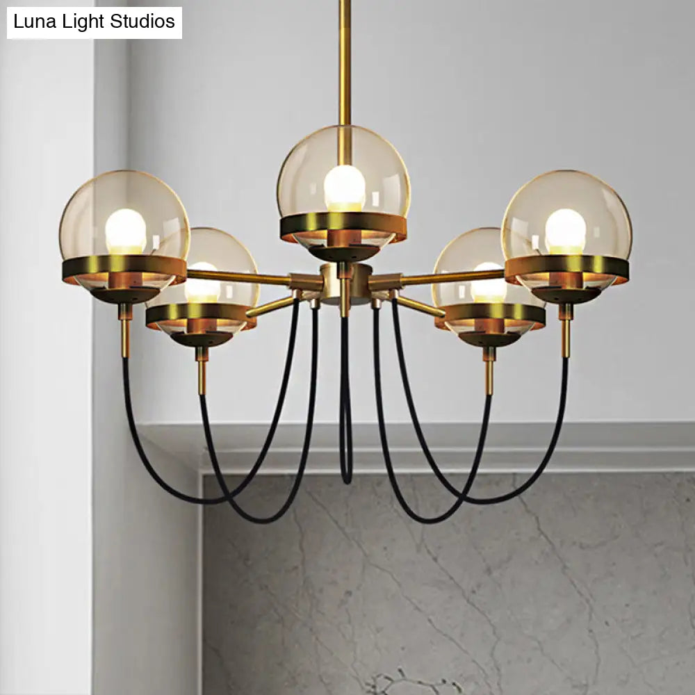 Modernist Multi-Light Pendant Chandelier: Global Clear Glass Black/Gold Inner Smoke Ball Shade