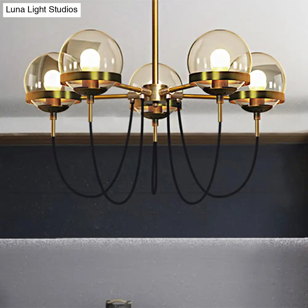 Modernist Multi-Light Pendant Chandelier: Global Clear Glass Black/Gold Inner Smoke Ball Shade