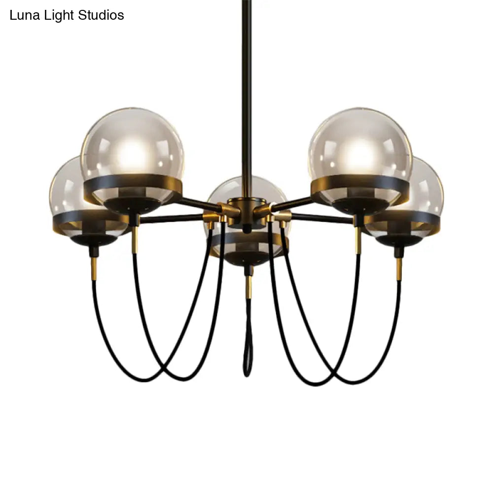 Modernist Multi-Light Pendant Chandelier: Global Clear Glass Black/Gold Inner Smoke Ball Shade