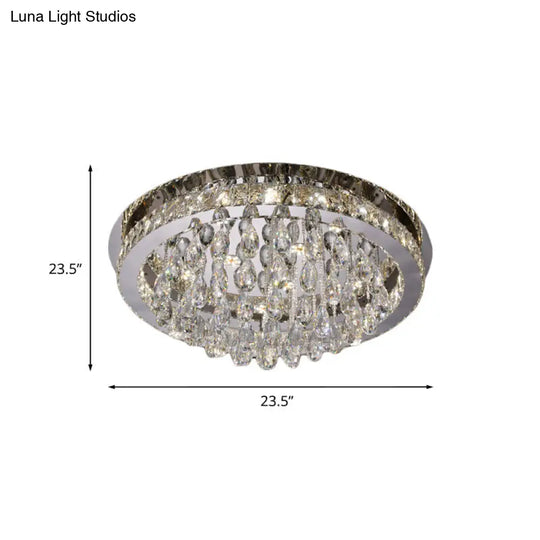 Modernist Nickel Led Ceiling Flush Light With Crystal-Encrusted Beveled Cut Circles And Drops