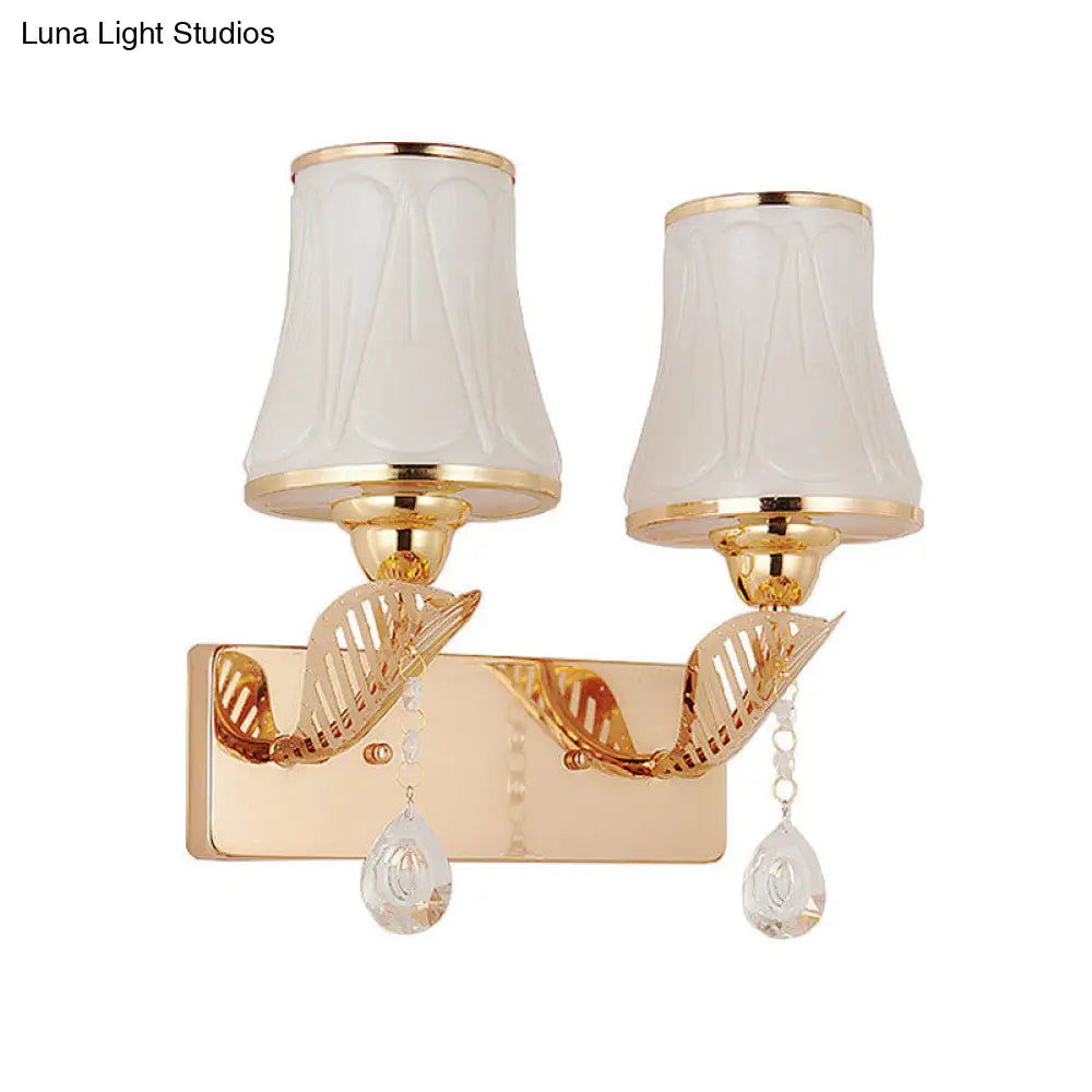 Modernist Opal Glass Bell Wall Light With Crystal Drop - Gold Finish 2-Head Mounted Lighting