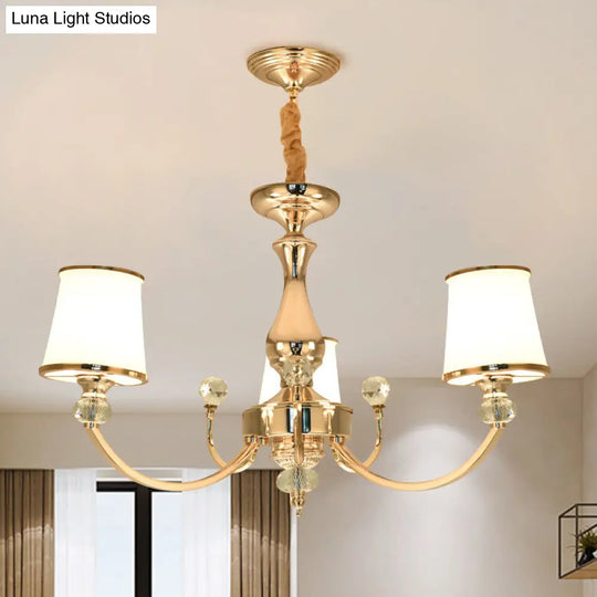 Modernist Opal Glass Cone Ceiling Pendant Chandelier - Chrome/Gold Curved Arm 3/6 Lights 3 / Gold