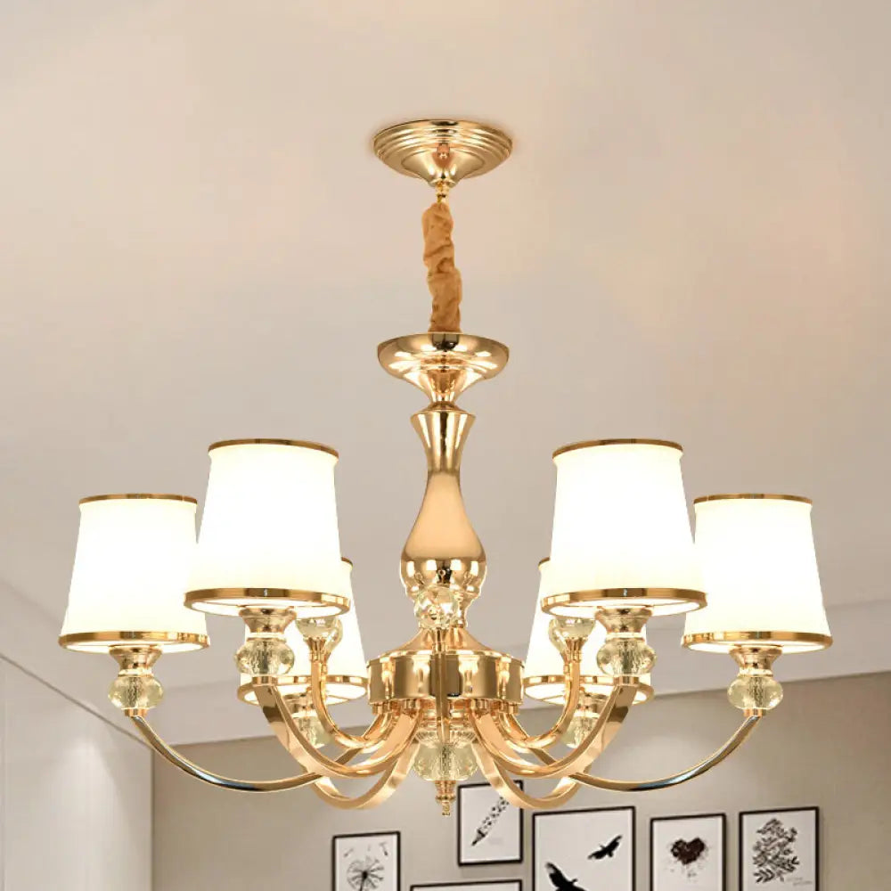 Modernist Opal Glass Cone Ceiling Pendant Chandelier - Chrome/Gold Curved Arm 3/6 Lights 6 / Gold