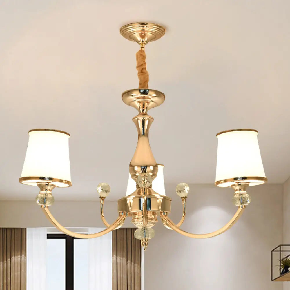 Modernist Opal Glass Cone Ceiling Pendant Chandelier - Chrome/Gold Curved Arm 3/6 Lights 3 / Gold