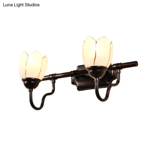 Modernist Opal Glass Floral Shade Wall Light Fixture - 2/3 Heads Black